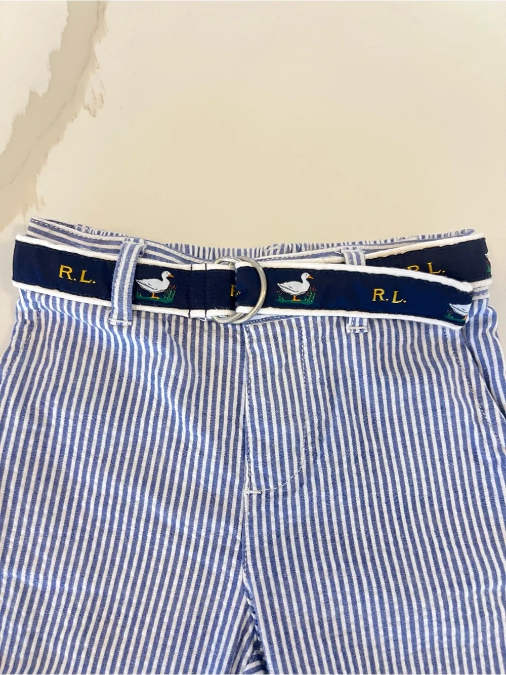 Ralph Lauren Baby Blue Seersucker Stripe Pants with Duck Belt | Size 12M